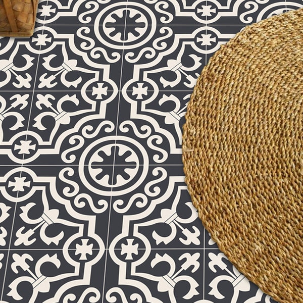 SALE!! Tile Decals - Carreaux Ciment Encaustic Lys Vinyl Tile Sticker Pack of 24 in 15 x 15 cm colour Black