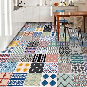 Quadrostyle Eclectic Patchwork Pack of 60 Multicolor Morrocan & Mexican Mix Kitchen Floor Tile Stickers, DIY Antiskid Talavera Tile Sticker