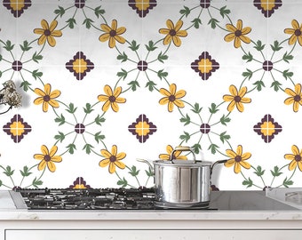 Quadrostyle Rustic Yellow Floral Kitchen Backsplash - Removable Vinyl Wallpaper - Marigold Field - Peel & Stick Daisy Wall Decal