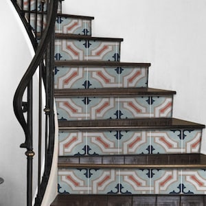 Stair Riser Stickers - Removable Stair Riser Tile Decals - Traliccio Pack of 6 in Chalk Blue - Peel & Stick Stair Riser Deco Strips - 48&quot;