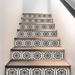 Stair Riser Stickers - Removable Stair Riser Tile Decals - Testino Pack of 6 in Black - Peel & Stick Stair Riser Deco Strips - 48&quot; long
