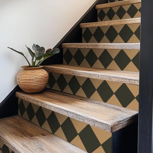 Quadrostyle Stair Riser Stickers - Removable Stair Riser Tile Decals - Checkerboard Charcoal & Gold Leaf Pack of 6 -  48" long