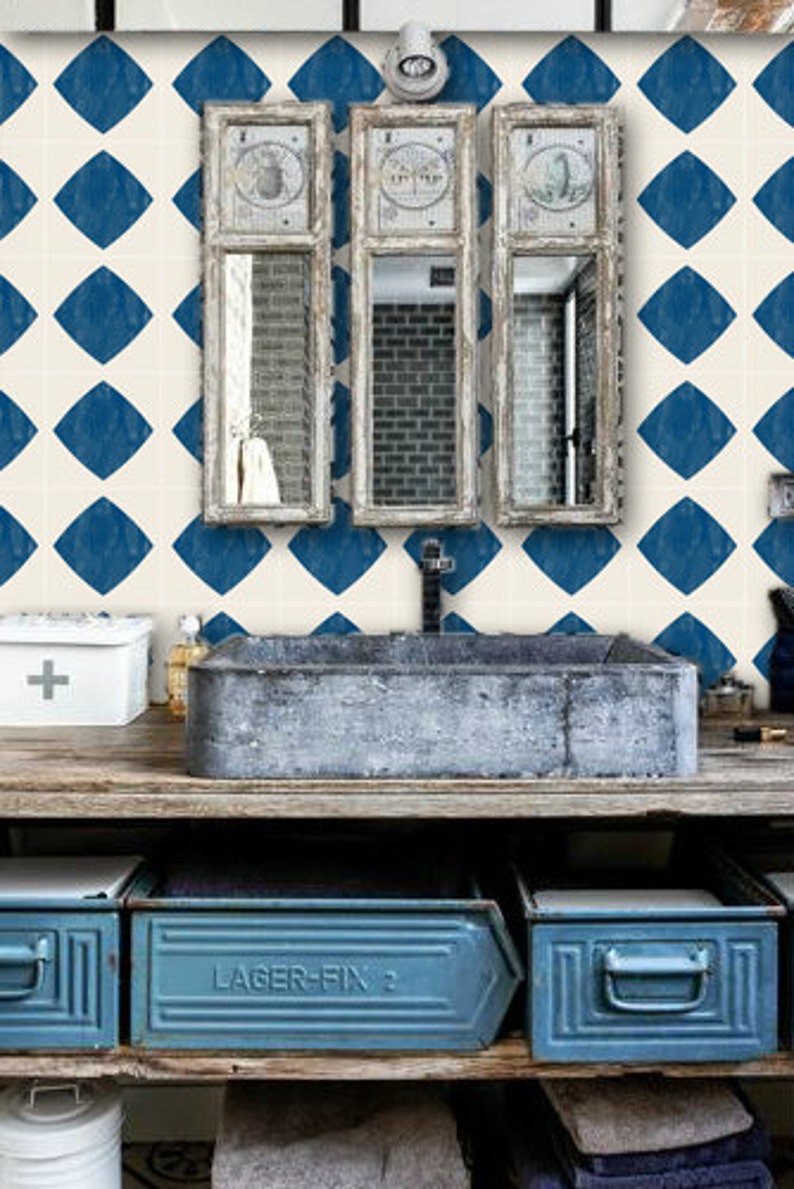 Mexican Diamond Wallpaper in Indigo Blue Removable Vinyl Etsy