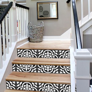 Stair Riser Stickers - Removable Stair Riser Tile Decals - Corona Pack of 6 in Black - Peel & Stick Stair Riser Deco Strips - 48" long