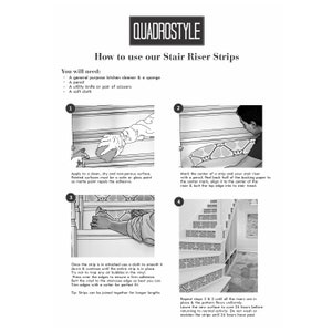 Puede incluir: Una ilustraci&oacute;n en blanco y negro que muestra c&oacute;mo instalar tiras de contrahuella de escalera. Los pasos incluyen limpiar la superficie, marcar el centro de la tira, alinear la tira y alisar. La ilustraci&oacute;n tambi&eacute;n muestra una escalera terminada con las tiras instaladas.