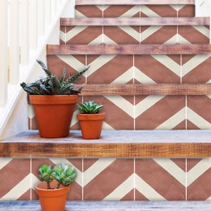 Stair Riser Stickers - Removable Stair Riser Tile Decals - Salon Red Earth Pack of 6 - Peel & Stick Stair Riser Deco Strips - 48&quot; long