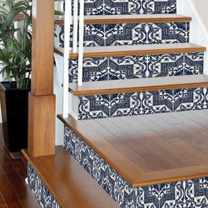 Stair Riser Stickers - Removable Stair Riser Vinyl Decals - Provence Pack of 6 in Indigo - Peel & Stick Stair Riser Deco Strips - 48" long