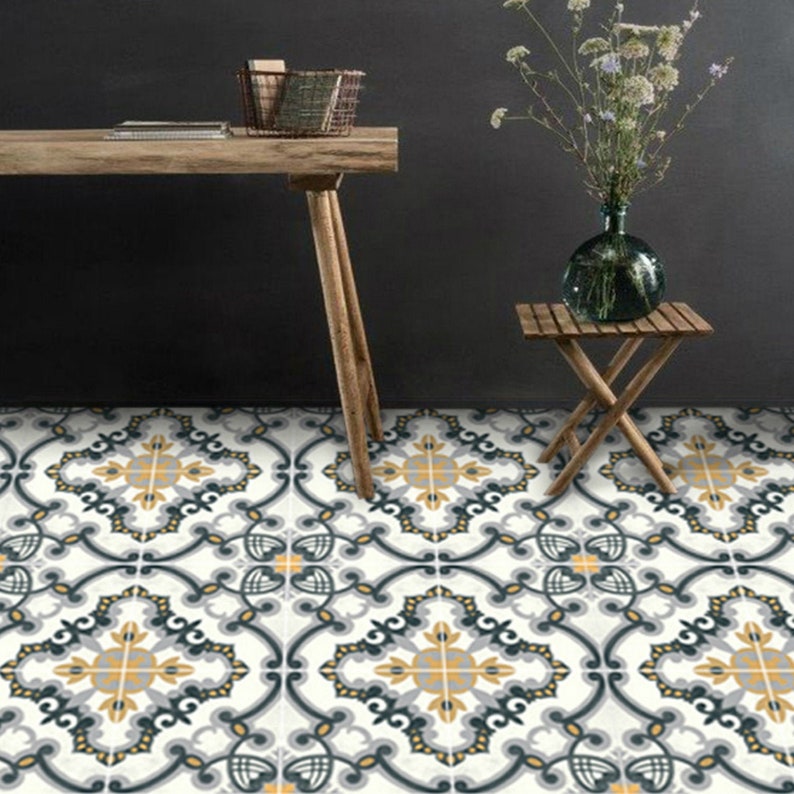 Tiles for KitchenBathroom Back splash Hand Painted Medici Tile Sticker Pack in Charcoal /& Ochre Tile stickers Floor decals