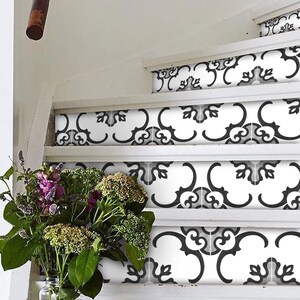 Stair Riser Stickers - Removable Stair Riser Vinyl Decals - Milano Pack of 6 in Black and White - Peel & Stick Stair Riser Deco Strips - 48"