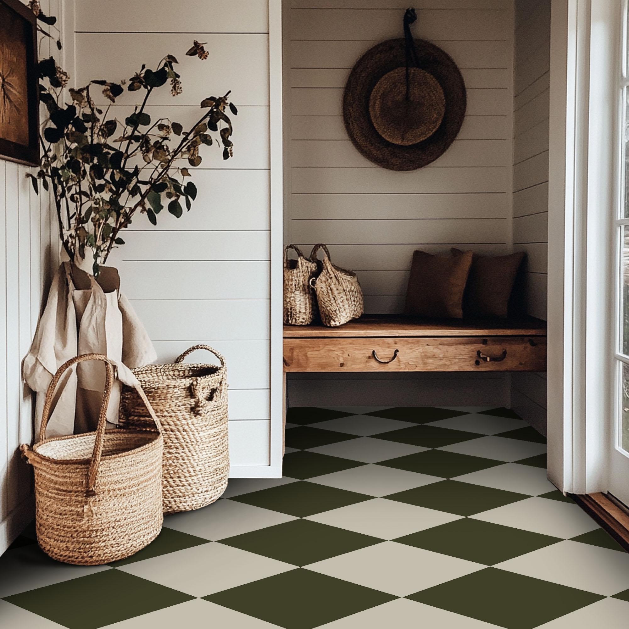 Quadrostyle Checkerboard  in Olive Green & Beige Vinyl Floor Stickers | Two tone Kitchen Tile Decals | Vinyl Bathroom Floor Tile