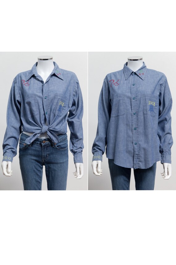 70's Vintage Hand Embroidered Denim Chambray Butto