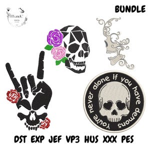Puede incluir: Un paquete digital con diseños de calaveras. Incluye una calavera geométrica en blanco y negro con rosas moradas y rosas, una mano haciendo un gesto de rock and roll con rosas rojas y un parche con una calavera y el texto "You're never alone if you have demons."