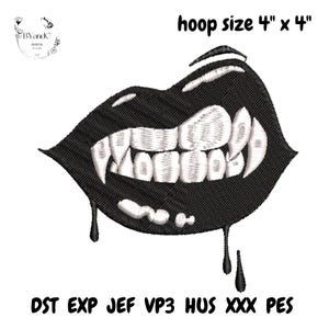 May include: Black and white embroidered design of a mouth with sharp fangs and dripping blood. The text "hoop size 4" x 4"" is above the mouth. Below the mouth are the file types: DST EXP JEF VP3 HUS XXX PES.