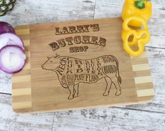 Engraved Butcher Beef Cuts Cutting Board 18x12 with Groove Chef Gift or Kitchen Display Classic Wedding Gift with Personalization