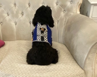 Black,White Gingham dog harness,blue harness -black check dog coat,handmade lined dogcoat, gingham on blue flame resistant  dog harness