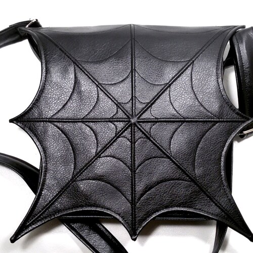 Black Faux leather spider web bag, Black leatherette spider web bag, crossbody bag, messenger bag, vegan bag, spider goth bag,  black bag