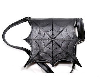 Black Faux leather spider web bag, Black leatherette spider web bag, crossbody bag, messenger bag, vegan bag, spider goth bag,  black bag