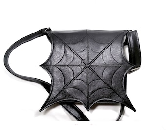 Black Spider Web Vegan Leather Crossbody Bag - Goth Messenger