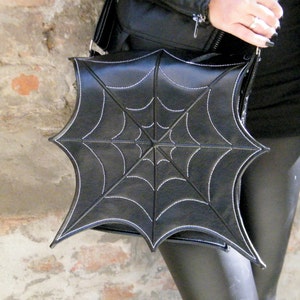 Black Faux Leather Spider Web Bag, Black Leatherette Spider