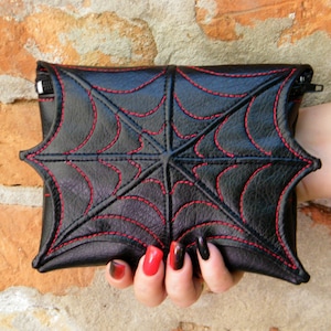 Spider web, make up bag ,cosmetic bag,  faux leather bag,  makeup organiser, cosmetic, black and red, vegan bag, small bag, goth make up bag