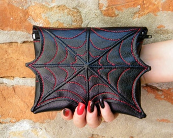 Telaraña, neceser de maquillaje, bolsa de cosméticos, bolso de piel sintética, organizador de maquillaje, cosmético, negro y rojo, bolso vegano, bolso pequeño, neceser de maquillaje gótico