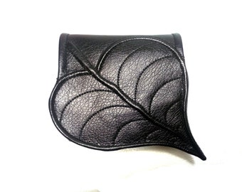 Leaf Black wallet, Women Wallet, Vegan wallet, Accordion wallet, Black faux leather, leaf wallet, 3 card slots, Black leaf, Small wallet