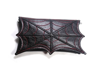 Black and red, spider web bag, clutch, wallet size bag, pencil case, small vegan bag, goth small bag, faux leather, black and red bag, pouch