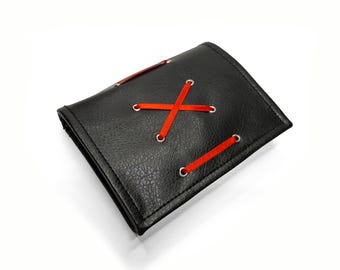 Black Vegan Leather Wallet with Red Ribbon  – Handmade Gothic Alternative Card Holder – Unique
