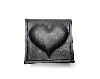 Black Vegan Leather Wallet with 3D Heart, Handmade Gothic Minimalist Wallet, Unisex Dark Aesthetic Gift
