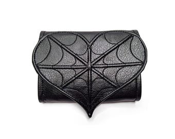 Handmade Black Vegan Leather Heart Wallet with Spiderweb Desing - Gothic Dark Alternative Fashion- Unique Gift for Her- Accordion wallet
