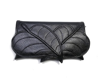 Small leafs bag, small vegan bag, black faux leather, wallet size bag, vegan bag, black pouch leaf bag, fantasy bag, leaf handbag clutch bag