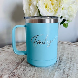 Insulated Travel Tumbler with Lid and Handle - Personalized Coffee Gift