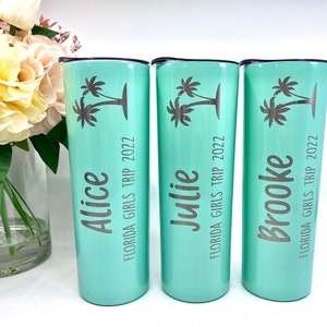 Personalized Girls Trip Tumblers: Engraved Palm Tree Vacation Favors