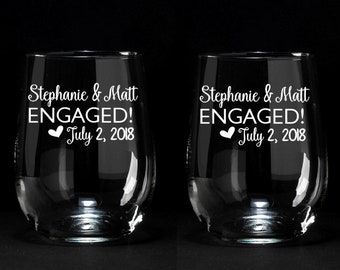 Engagement Gift, Just Engaged Glasses, Stemless Wine Glasses, Just Engaged, Engagement Party Gift, Personalized Engagement Gift, Set of 2