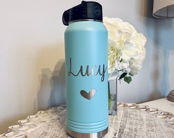 Botella de agua térmica personalizada de 32 oz: acero inoxidable grabado con pajita