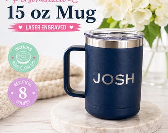 Personalized Coffee Mug with Lid: 15oz Laser Engraved Insulated Travel Cup