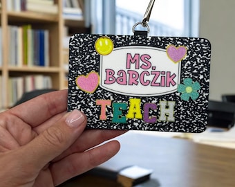 Personalized Teacher ID Badge Holder: Leatherette Composition Notebook Design
