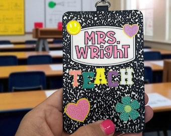 Personalized Teacher ID Badge Holder: Leatherette Composition Notebook with Lanyard