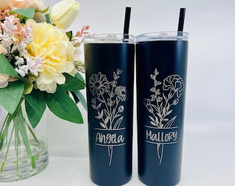 Personalized Birth Month Flower Tumbler: Engraved Stainless Steel Gift
