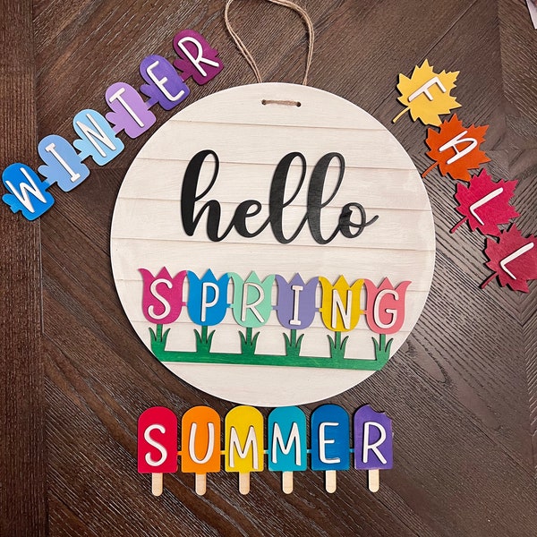 Interchangeable Door Sign, Hello Summer, Hello Fall, Hello Spring, Hello Winter, DIY Wood Sign, Home Decor, DIY Sign, Paint Night, Seasons