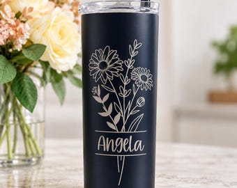 Vaso térmico personalizado con la flor de nacimiento, taza aislante de 590 ml con nombre personalizado, regalo con la flor del mes de nacimiento