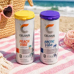 Puede incluir: Dos latas de bebida con gas Celsius Live Fit sobre una toalla a rayas rosas y blancas en la playa. Una lata tiene una tapa amarilla y el texto "Peach Vibe". La otra lata tiene una tapa morada y el texto "Arctic Vibe".