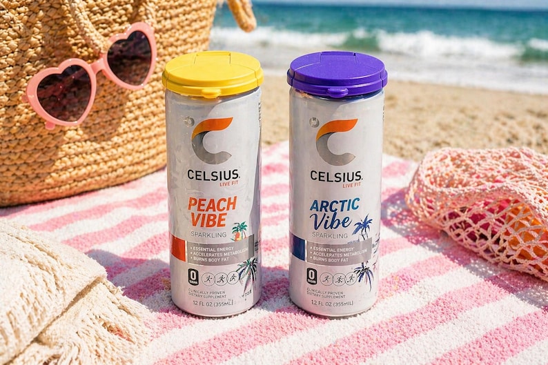 Puede incluir: Dos latas de bebida con gas Celsius Live Fit sobre una toalla a rayas rosas y blancas en la playa. Una lata tiene una tapa amarilla y el texto "Peach Vibe". La otra lata tiene una tapa morada y el texto "Arctic Vibe".