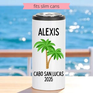 Palm Tree Coozie, Cooler Coozie for Slim Seltzer & Tumbler | Personalized Stainless Steel Beach Vacation Holder, Girls Travel Gift
