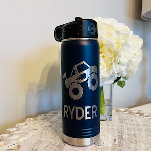 Monster Truck Water Bottle, Personalized Kids Water Bottle, Water Bottle with Screw On Lid and Straw, Kids Sports Bottle, 20 oz Water bottle