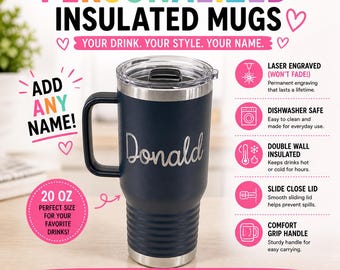 Gepersonaliseerde geïsoleerde koffiemok met handvat, reisbeker van 20 oz, aangepaste koffiemok, cadeau voor koffieliefhebber, drinkgerei voor reizen
