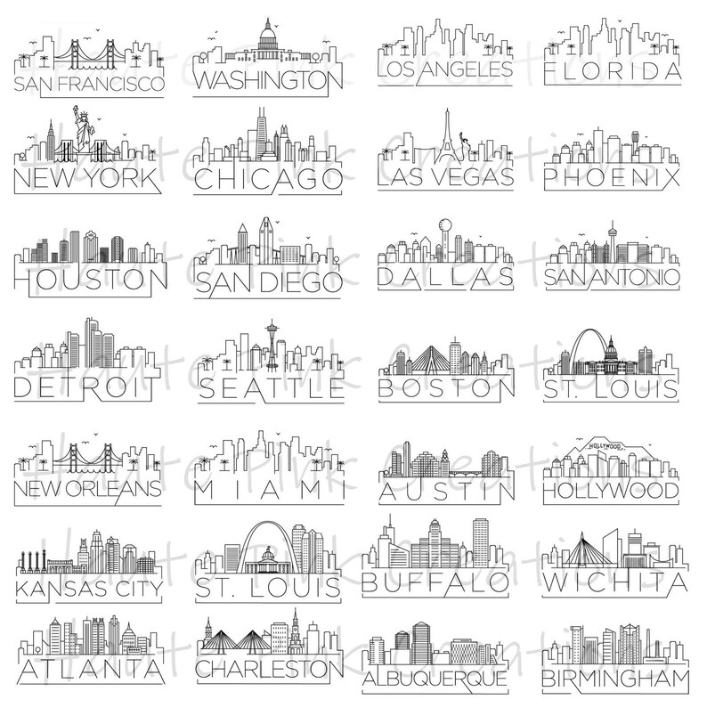 Pu&ograve; includere: Una collezione di illustrazioni in bianco e nero a tratto che raffigurano vari skyline di citt&agrave;, tra cui San Francisco, Washington, Los Angeles, Florida, New York, Chicago, Las Vegas, Phoenix, Houston, San Diego, Dallas, San Antonio, Detroit, Seattle, Boston, St. Louis, New Orleans, Miami, Austin, Hollywood, Kansas City, Buffalo, Wichita, Atlanta, Charleston, Albuquerque e Birmingham.