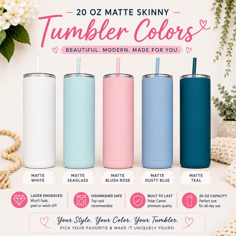 Pu&ograve; includere: Cinque bicchieri skinny opachi da 591 ml con cannucce abbinate in bianco, verde mare, rosa cipria, blu polvere e ottanio. Il testo include 20 OZ MATTE SKINNY TUMBLER COLORS, BEAUTIFUL. MODERN. MADE FOR YOU. e etichette colore. Le icone indicano incisione laser, lavabile in lavastoviglie, durevole e capacit&agrave; di 591 ml.