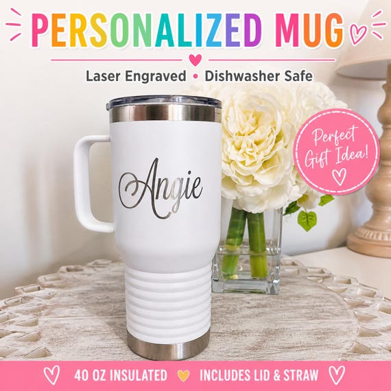 Personalized Travel Mug with Handle: 20 oz Laser Engraved Insulated Tumbler