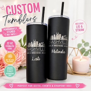 Bicchiere Nashville - Tazza da viaggio con musica country, tazza ricordo del Tennessee, regalo per addio al nubilato in stile western, bicchieri personalizzati con skyline della città